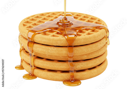 Isolated Stack of Golden Waffles Topped with Honey Syrup