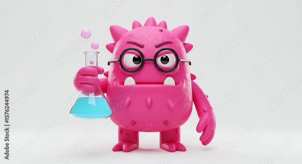 Fototapeta premium Pink cartoon monster with beaker