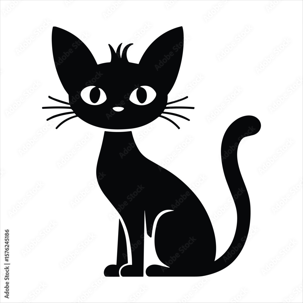 Fototapeta premium Black cat silhouette with large eyes sitting on white background animal