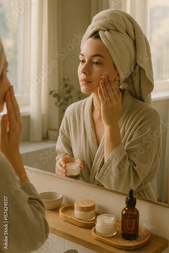 Young woman applying natural moisturizer in front of mirror, eco-friendly skincare routine at home
