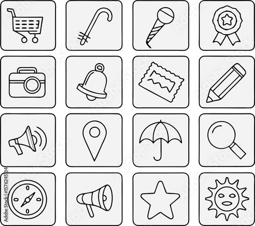 A digital graphic featuring a collection of 16 black-and-white outline icons, each contained within a rounded square. The icons represent various common objects and concepts.
