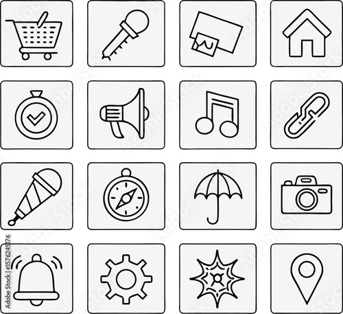 A grid of 16 simple, black-and-white line icons, each representing a different object or concept. These include a shopping cart, microphone, key, envelope, house, clock with a checkmark, megaphone.