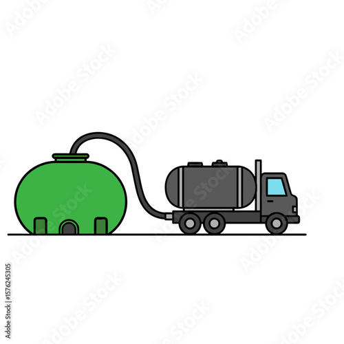 Septic service. Black truck pumping out a green tank