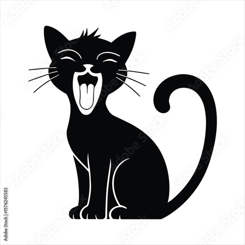 Black cat silhouette yawning widely with eyes closed and tail curled stretching