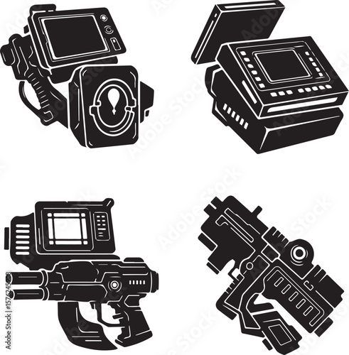 Futuristic Device and Weapon Silhouettes – Hi-Tech Gadgets & Sci-Fi Blasters Icon Set