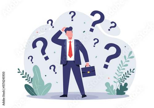 A confused businessman in a suit stands amidst numerous question marks, symbolizing uncertainty, doubt, and the need for decision-making in complex situations.