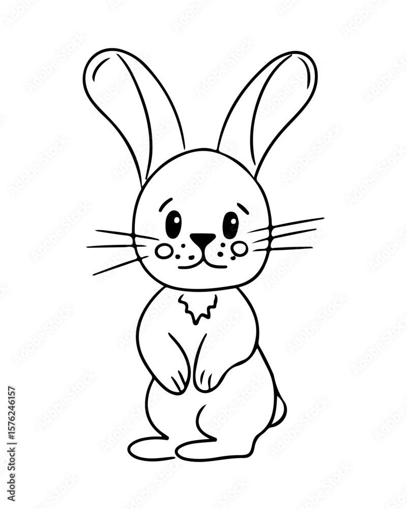 Obraz premium Hand drawn cute hare sitting with big ears and sweet expression, isolated on white background. Concept of forest animal, innocence and childrens coloring page