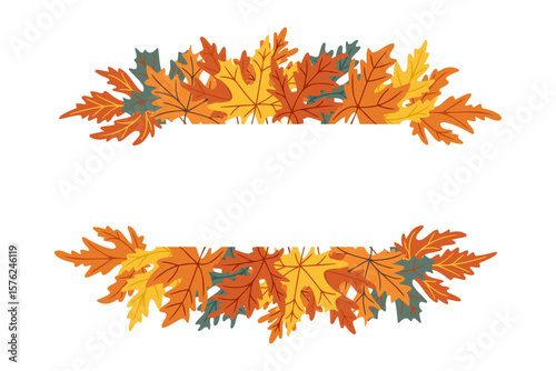 Hand drawn banner frame with colorful autumn maple leaves in orange, yellow and green, isolated on white background. Concept of fall decoration, seasonal greeting and nature design