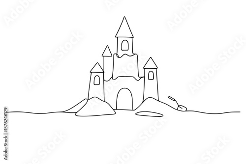 Simple Continuous Line Art of Sandcastle on Beach with Shovel