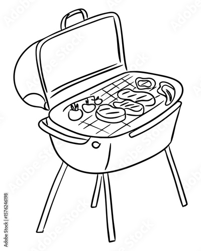 Hand drawn barbecue grill with open lid and various meats and vegetables on grate, isolated on white background. Concept of summer picnic, outdoor cooking and social gathering