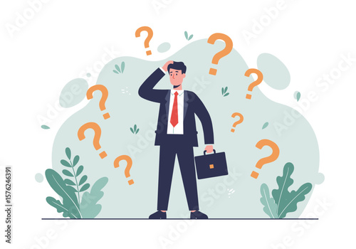 An illustrated businessman in a suit holds a briefcase while looking confused, surrounded by floating orange question marks, symbolizing uncertainty and decision-making.