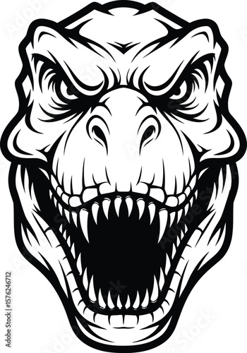 A menacing closeup of a tyrannosaurus rex head reveals its sharp teeth and intense gaze, capturing the essence of a prehistoric predator, isolated on white background