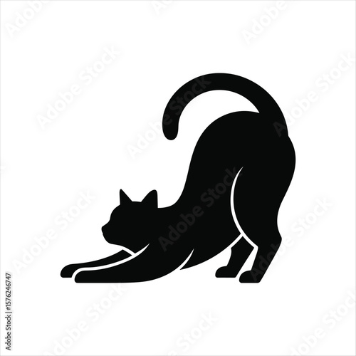 Black cat stretching silhouette on white background feline animal