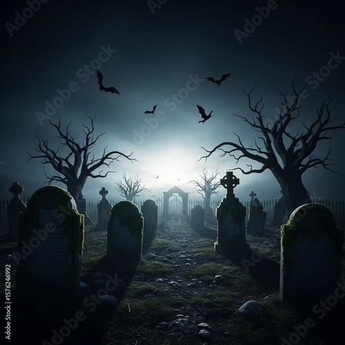 A spooky graveyard scene featuring tombstones, bare trees, and flying bats under a dark, foggy sky.