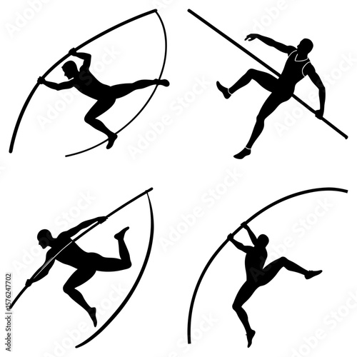 Silhouette illustrations showing athletes performing the pole vaulting sport in various dynamic poses and positions