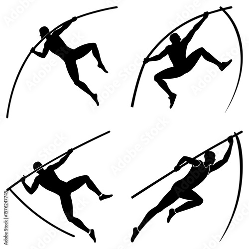 Silhouette illustrations showing athletes performing the pole vault on a white isolated background