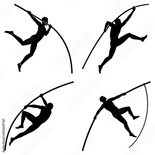 Four silhouettes showing pole vaulters in action against a white background in different positions