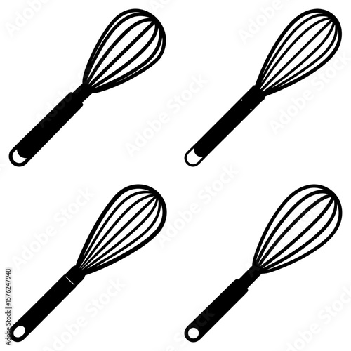 Four black and white whisks arranged in a square pattern on a plain white background illustration style