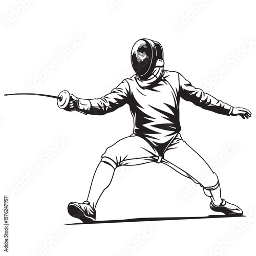 Black and white vector illustration of a fencer in action