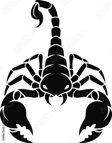 A menacing scorpion silhouette with raised claws and a curved tail, isolated on white background, embodies danger and desert survival
