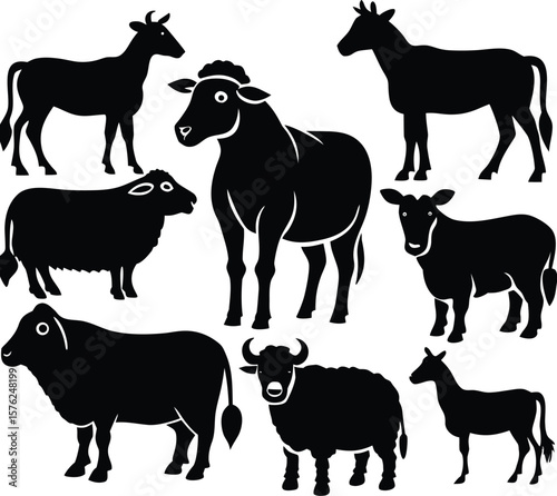 Black vector silhouettes of various farm animals, including horses, cows, sheep, goats, pigs, and chickens, in a versatile collection for illustrations, animal icon, set, line art, minimal, farm anima