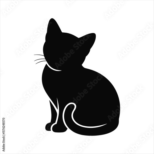 Black silhouette of a sitting cat with white whiskers and outline details vector