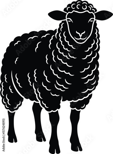 A black and white illustration of a fluffy sheep standing peacefully, isolated on white background