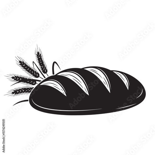 Black and white bread loaf illustration with wheat, vector design element