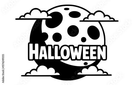 Full moon icon with Halloween typography and clouds perfect for party invitations, t-shirt prints and spooky decor designs, svg, vector, transparent, isolated