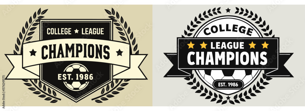 Fototapeta premium Retro-style college league champion soccer badge design featuring laurel wreath, bold typography, football icon, and ribbon for team victory recognition