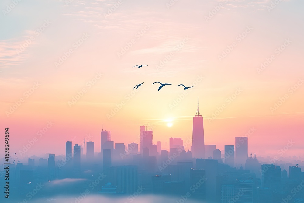 Fototapeta premium peaceful morning cityskyline with birds flying overhead