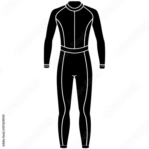 Black full body wetsuit silhouette isolated on white background