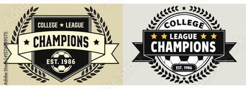 Retro-style college league champion soccer badge design featuring laurel wreath, bold typography, football icon, and ribbon for team victory recognition