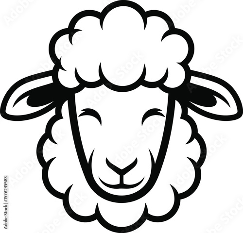 A black and white cartoon illustration of a fluffy sheeps face smiling, isolated on white background