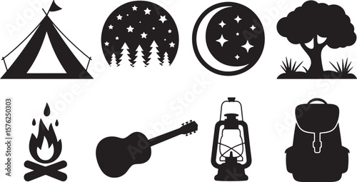 Nighttime Camping & Music Icons: Moon, Stars, Forest, Guitar, Lantern