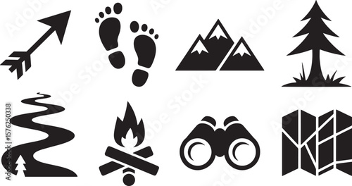 Hiking & Camping Elements: Footprints, Mountains, Campfire, Binoculars