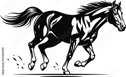 A black and white illustration of a muscular horse running fast, isolated on white background