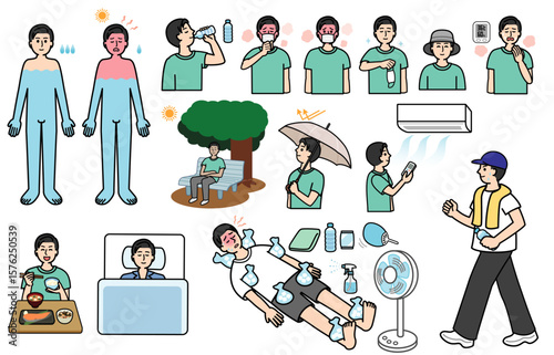 Preventing Heat Illness of Vector illustration set.　熱中症予防のベクターイラストのセット　医療