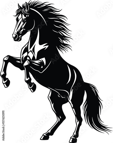 A powerful horse rears up, its silhouette conveying strength and freedom, isolated on white background