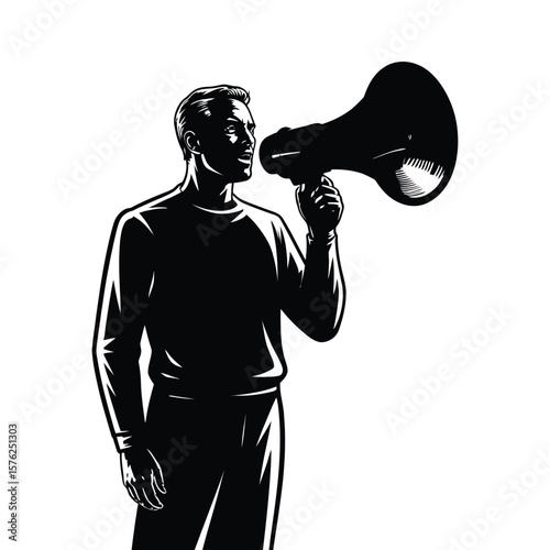 Man in silhouette speaking loudly into a megaphone with dramatic lighting silhouette