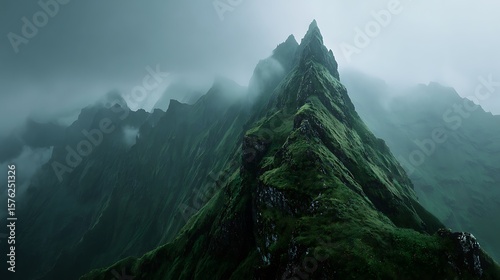 A view of jagged green mountain peaks shrouded in mist and fog on a cloudy day landscape scene