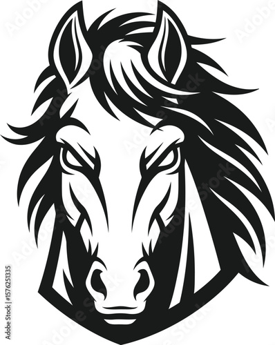 A striking horse head silhouette captures the animals intense gaze and powerful features, isolated on white background