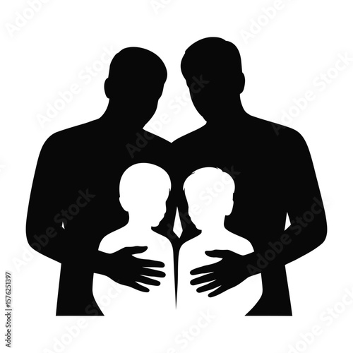 Two fathers embracing their two children with protective hands silhouette
