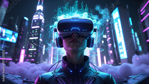 Futuristic person wearing virtual reality headset immersed in neon city image