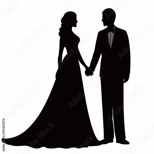 Bride and groom silhouette romantic wedding couple illustration vector art