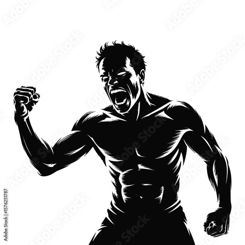 Man shouting with fists clenched in triumph and victory silhouette