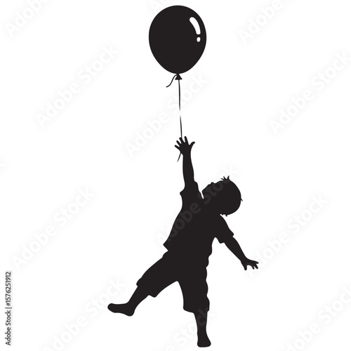 Black Silhouette of Child Holding Balloon, Vector Illustration