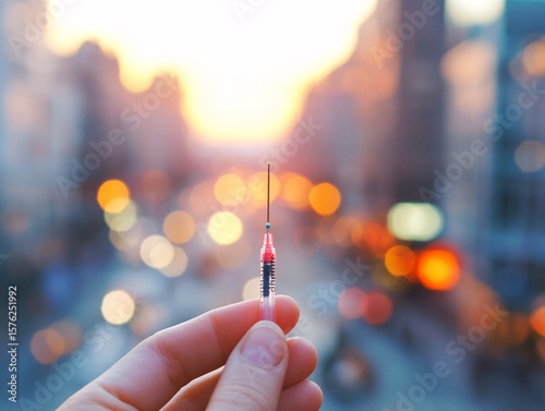 Holding a Syringe Against a City Sunset Blur