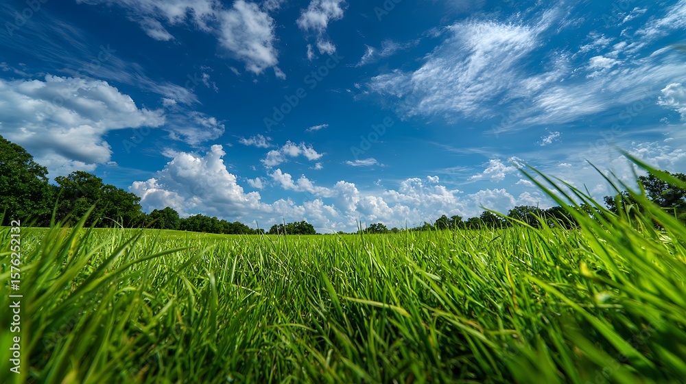Fototapeta premium A low angle view of a grassy field under a bright blue sky with scattered white clouds on a sunny day