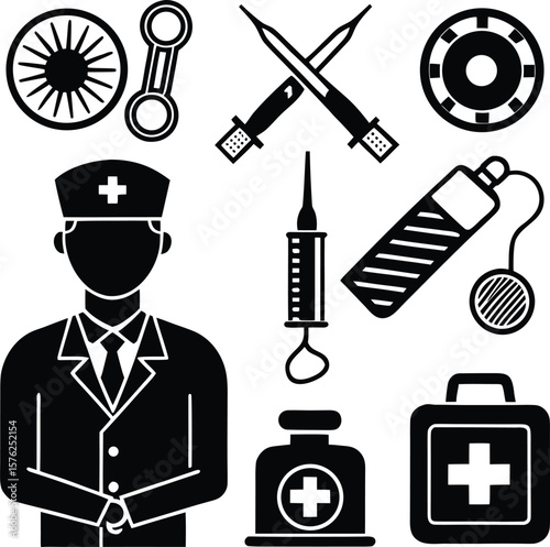 Medical tools vector icon set collection, mask, heartbeat, pulse, analysis, lab